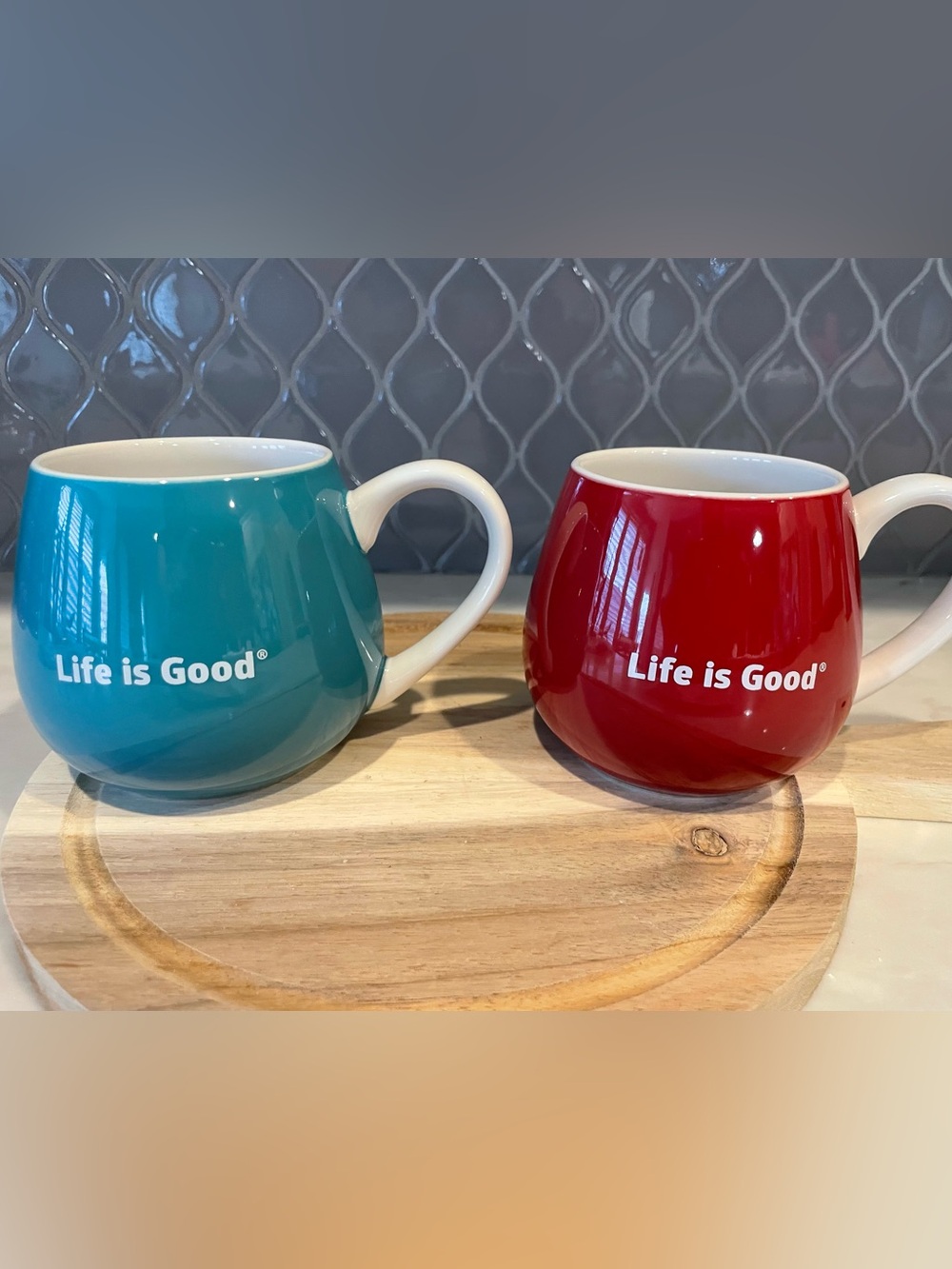 Lot 2 Life Is Good Teal & Red Ceramic Coffee Mugs with White Handle and Logo